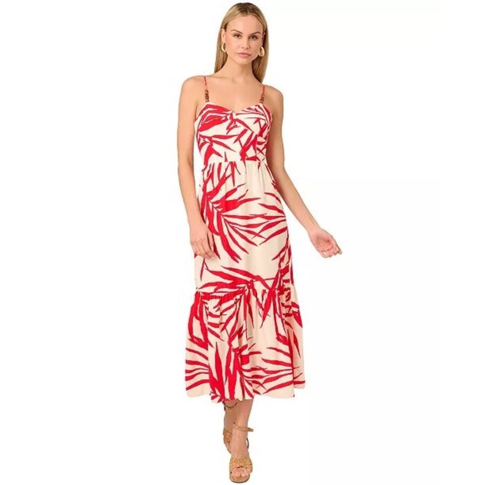 Adrianna Papell Red Palm Print Midi Dress Wood‎ Bead Straps Smocked Back Size 14